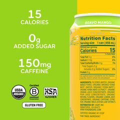 Guayaki Yerba Madre Mango ingredients panel highlighting organic sourcing.