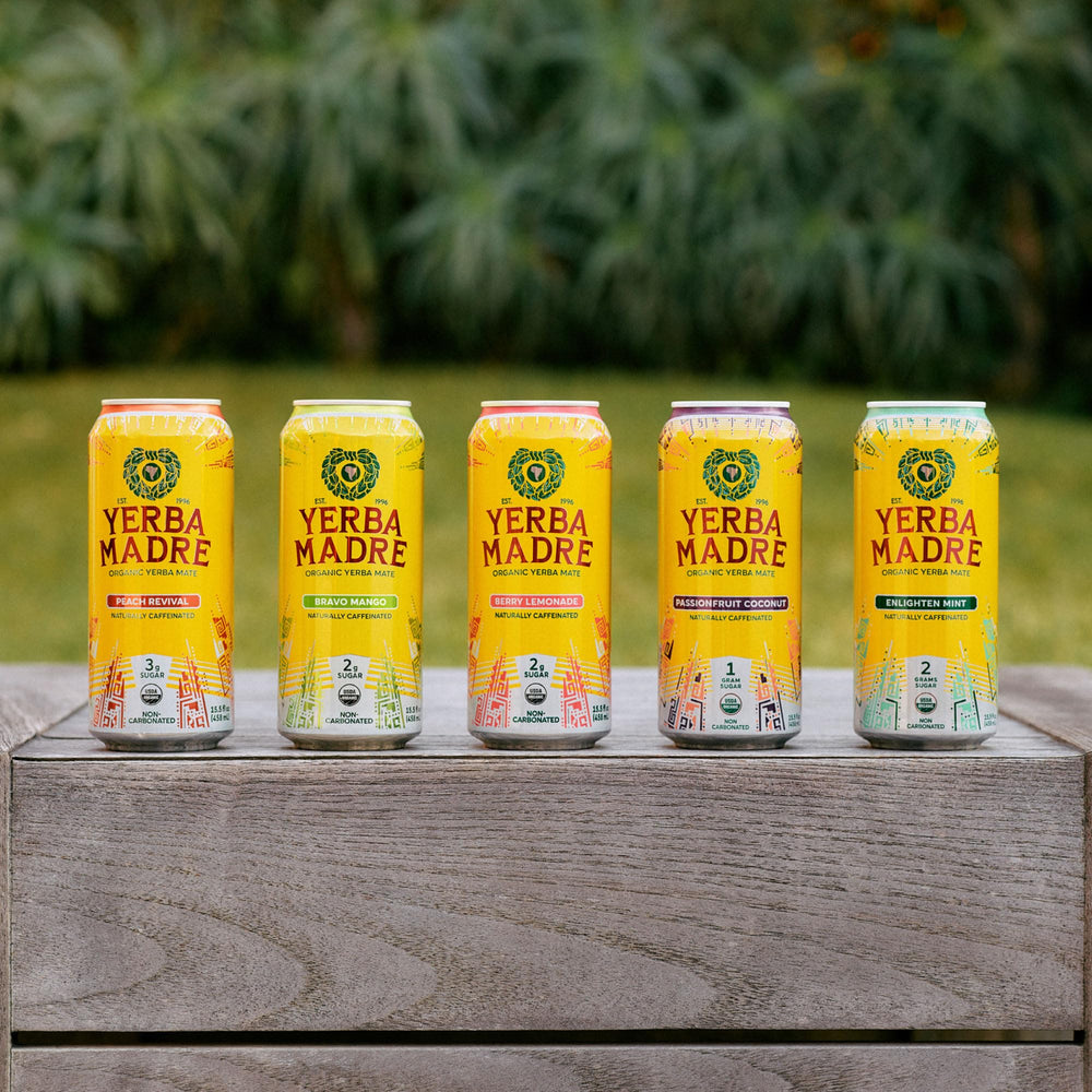 Guayaki Yerba Madre Mango pack shot emphasizes a convenient 12-pack for on the go.