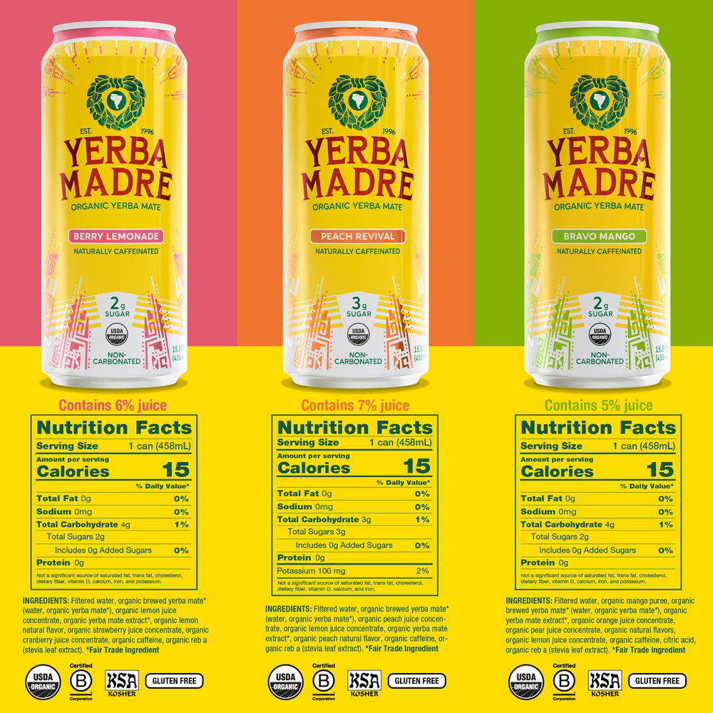 Guayaki Yerba Madre 12-pack display highlights a convenient lower-sugar option.
