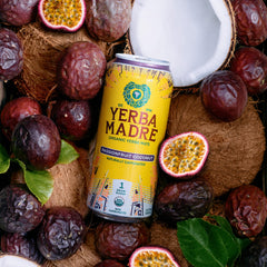 Guayaki Yerba Madre Passionfruit Coconut flavor label close-up with natural caffeine.