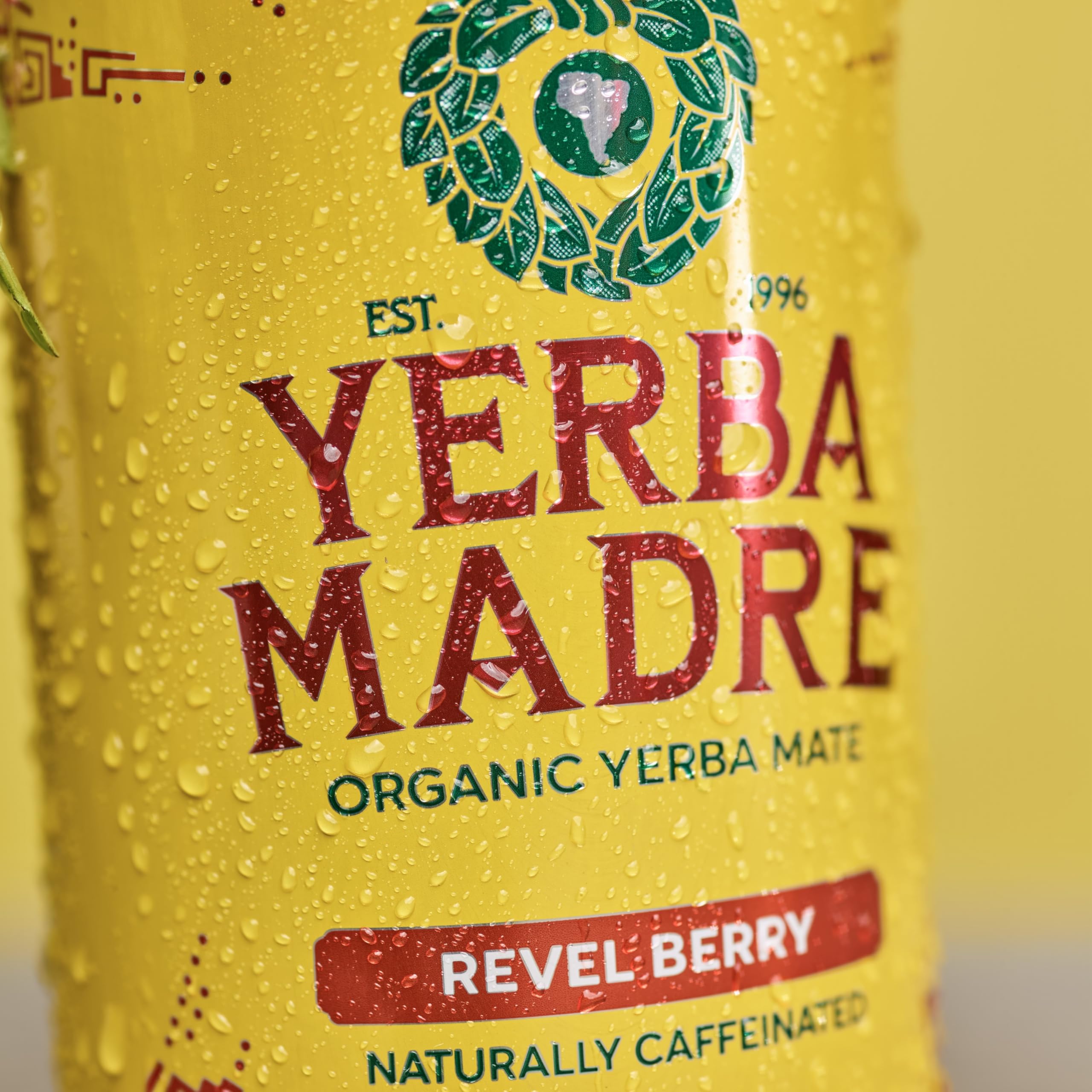 Guayaki Yerba Madre Revel Berry can side view highlights 150 mg caffeine for steady focus