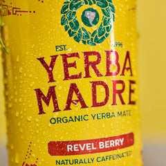 Guayaki Yerba Madre Revel Berry can side view highlights 150 mg caffeine for steady focus