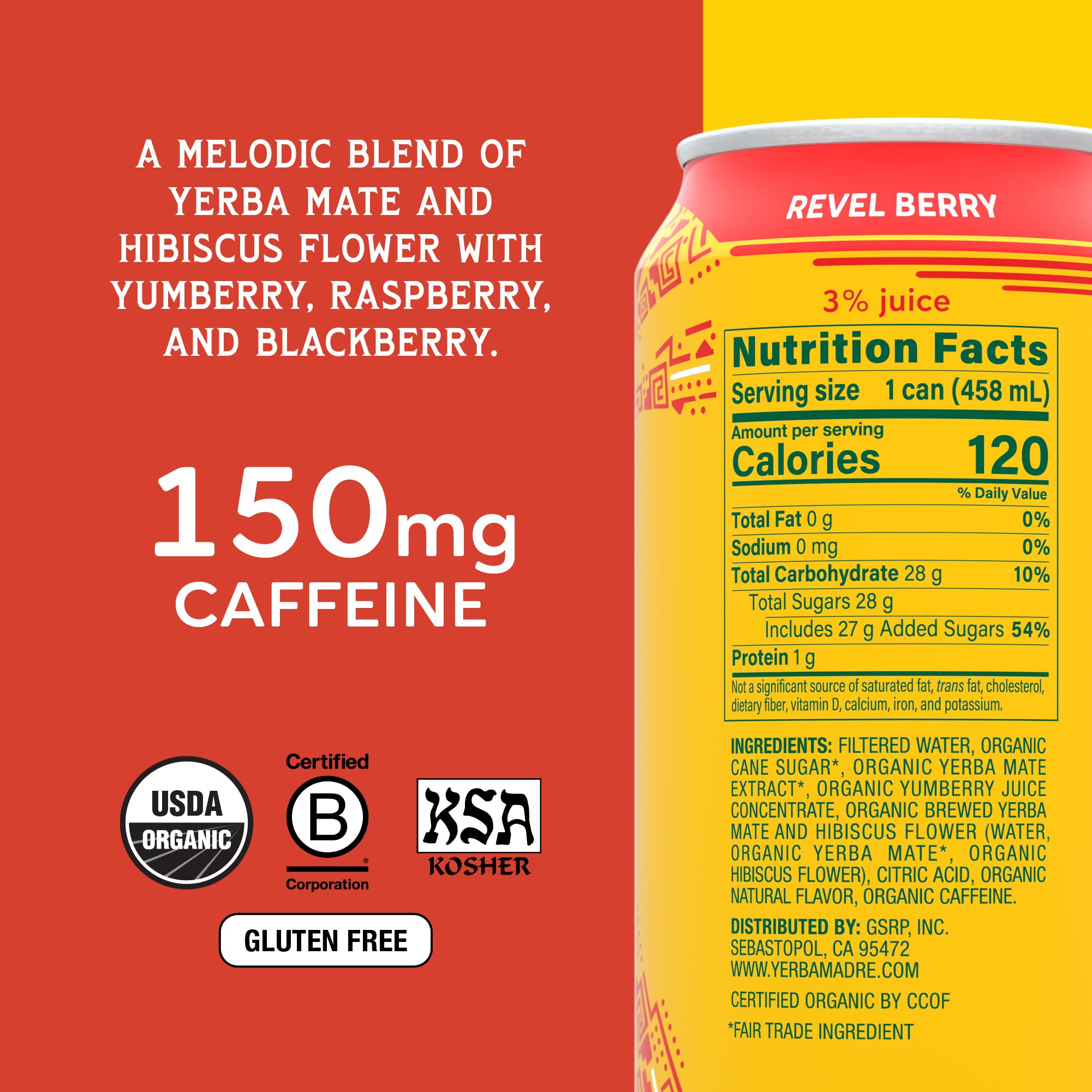 Guayaki Yerba Madre Revel Berry can with hibiscus and berries for clarity.