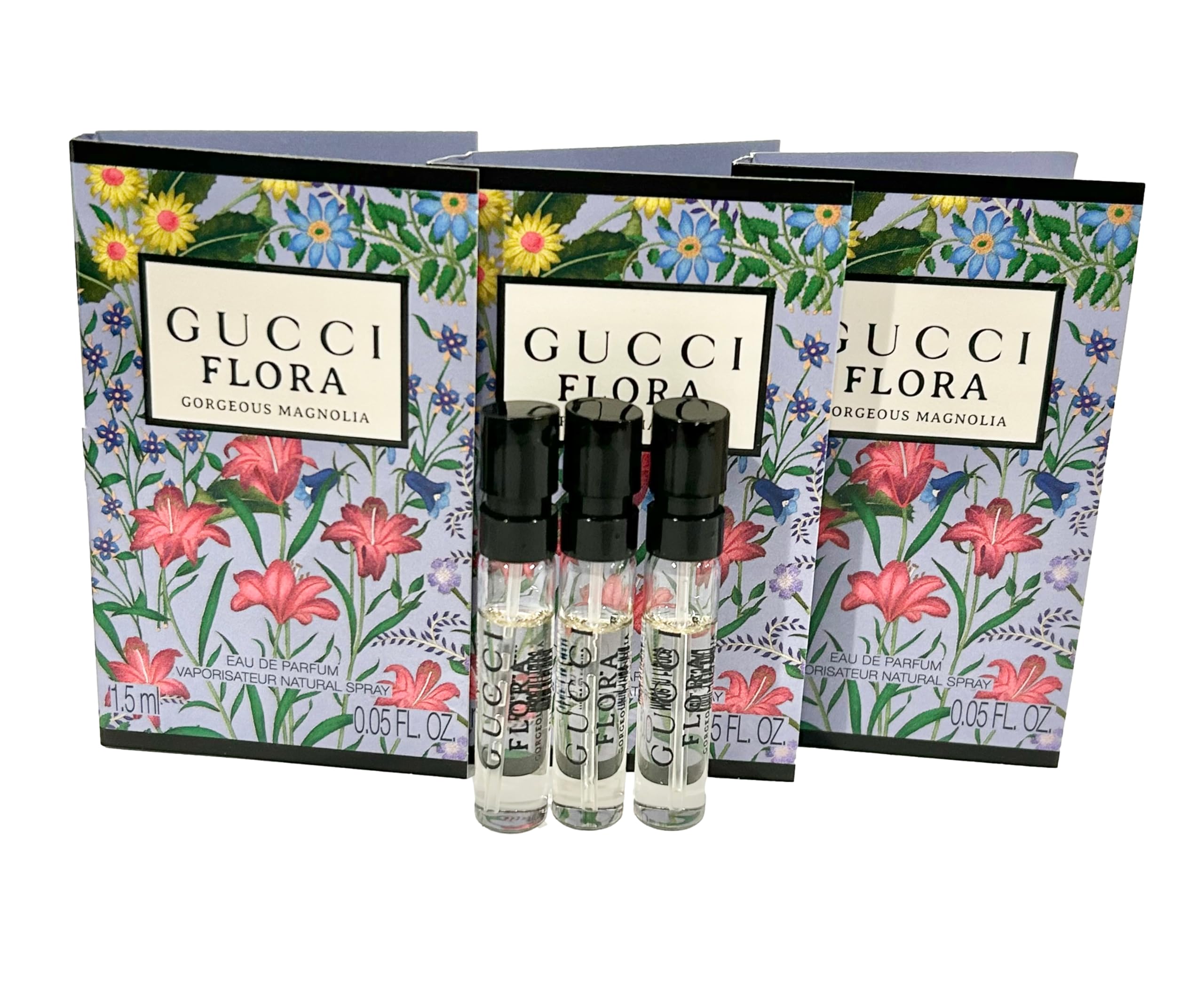 Gucci Flora Gorgeous Magnolia sample spray bottle close-up for on-the-go fragrance testing