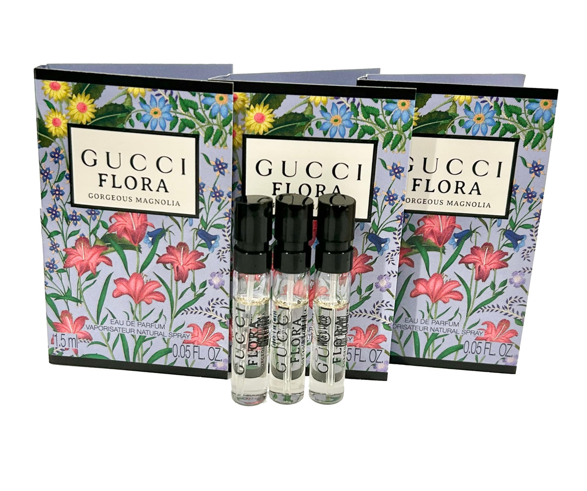 Gucci Flora Gorgeous Magnolia sample spray bottle close-up for on-the-go fragrance testing