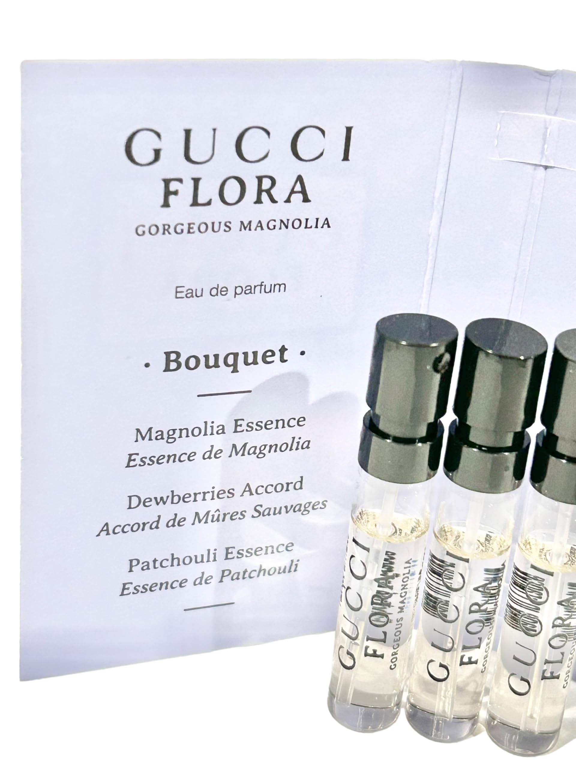 Gucci Flora Gorgeous Magnolia bottle with 1.5 ml spray, easy to sample