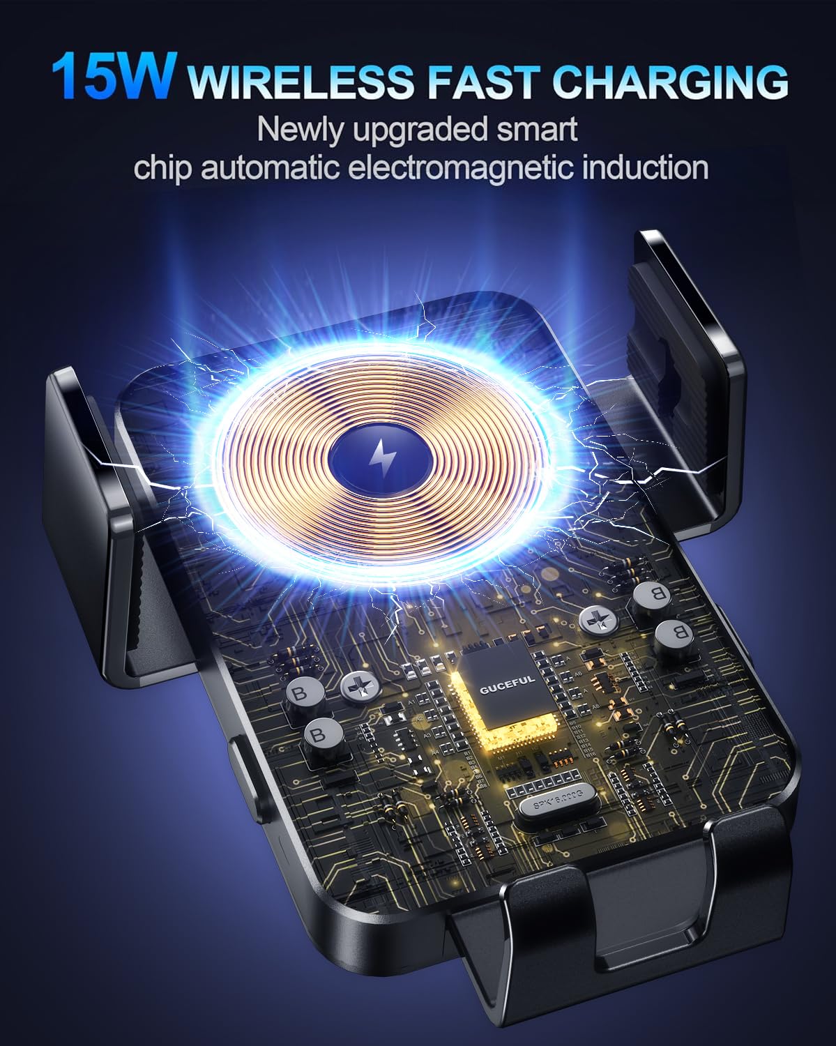 Guceful 15W fast charging coil delivers quicker top-ups while driving.