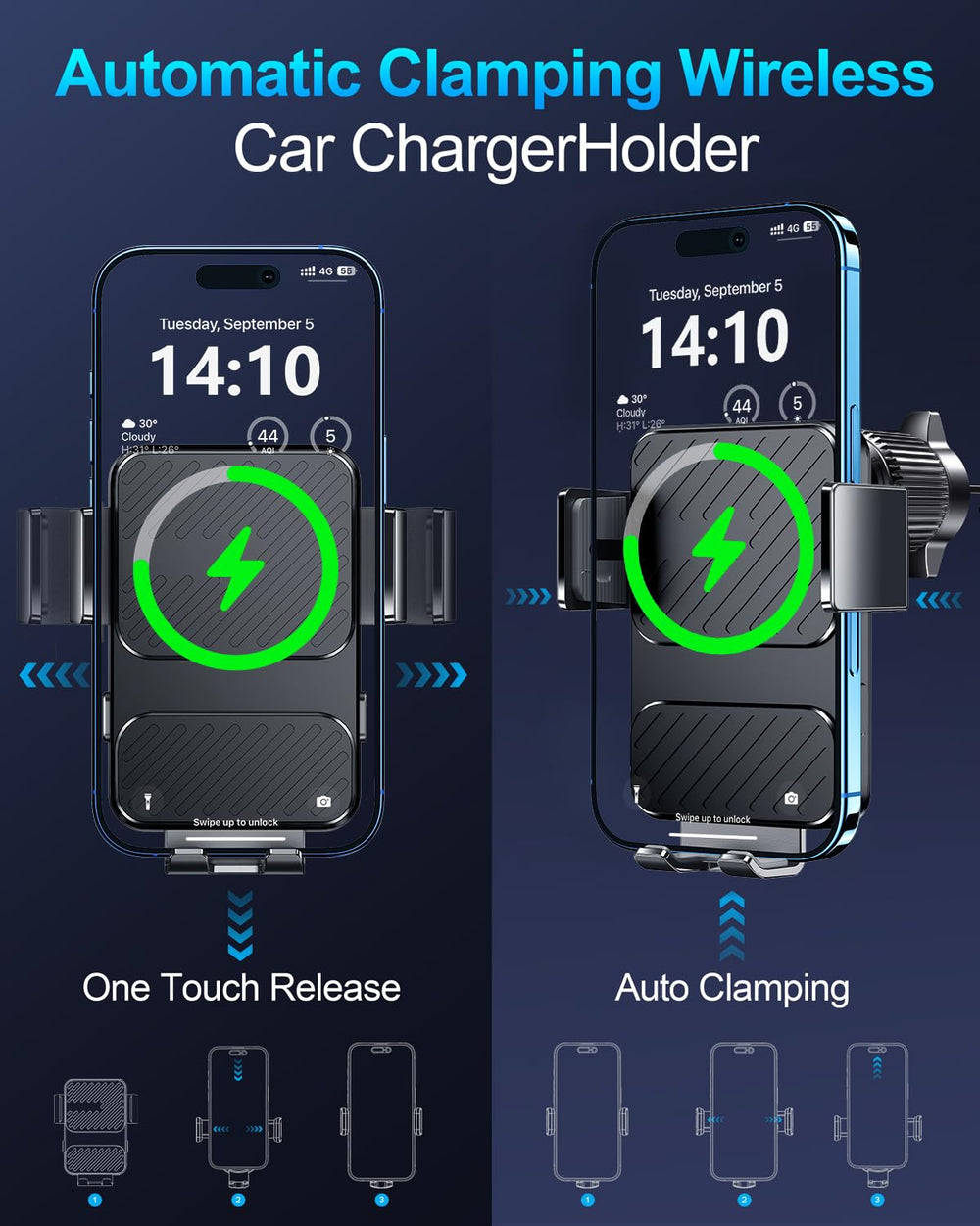 Guceful auto-clamp assembly grips the phone with effortless placement.