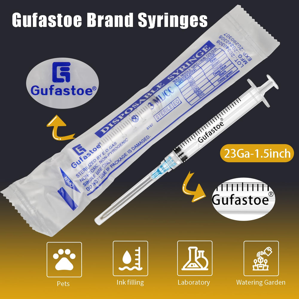 Close-up of Gufastoe 3ml syringe showing smooth plunger and sturdy construction.