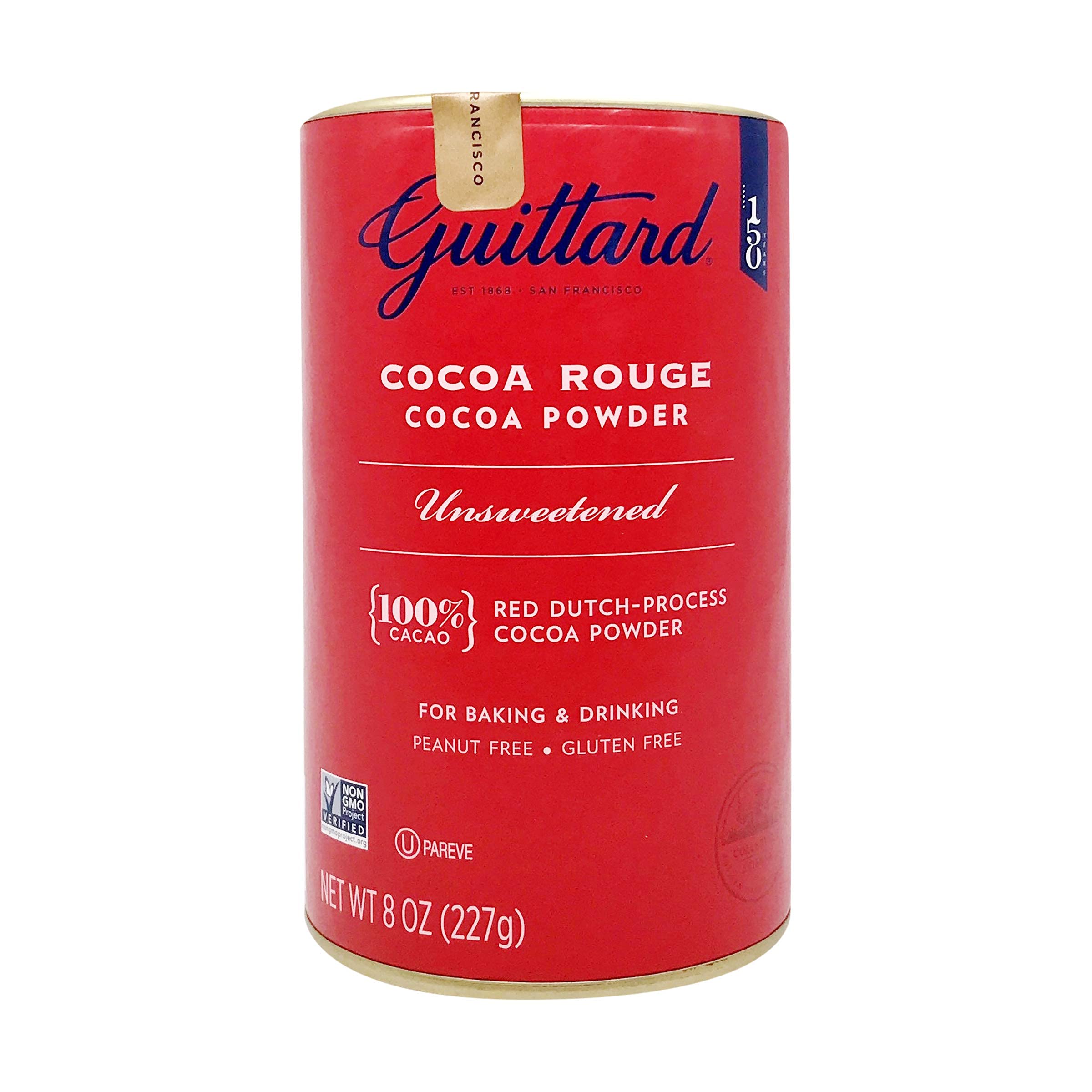 Guittard unsweetened cocoa powder 8oz packaging close-up for rich baking flavor.