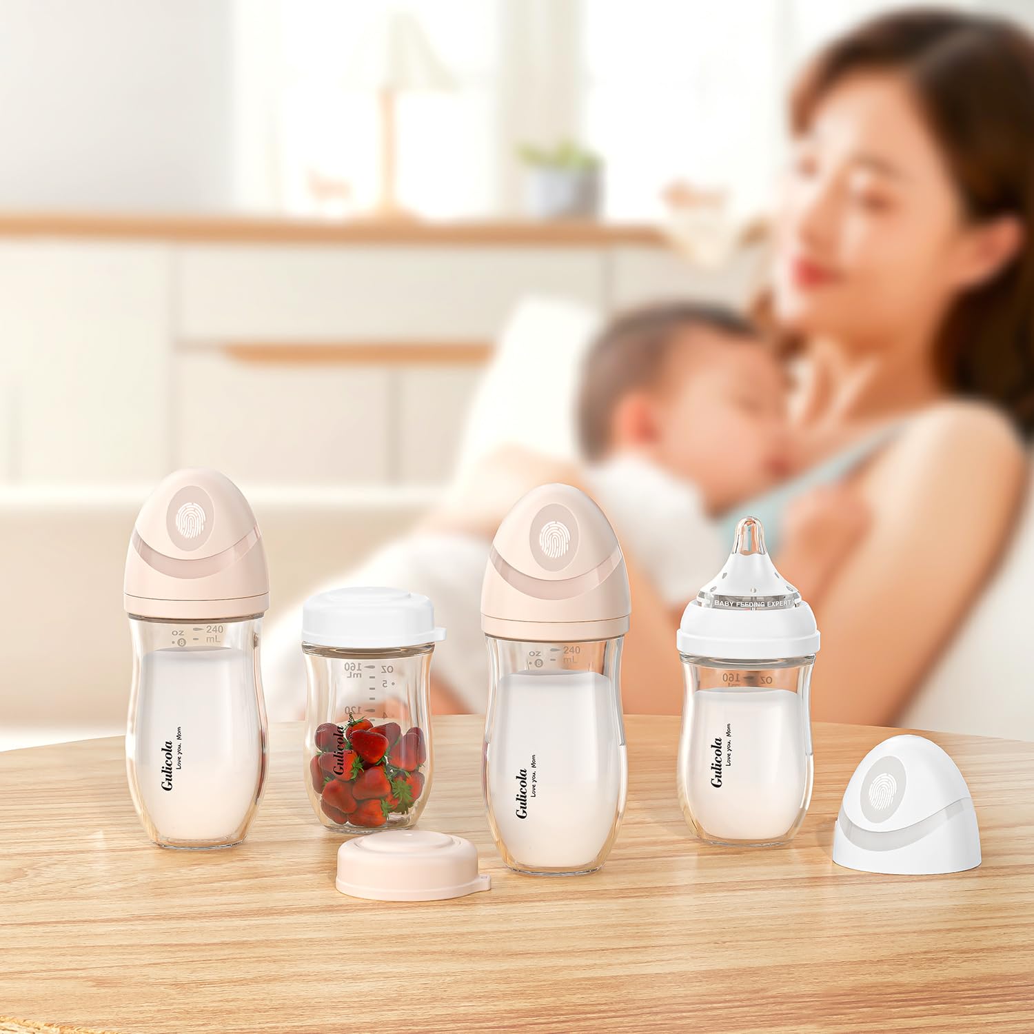 Gulicola bottle with nipple-guide design to aid proper latch during feeding.