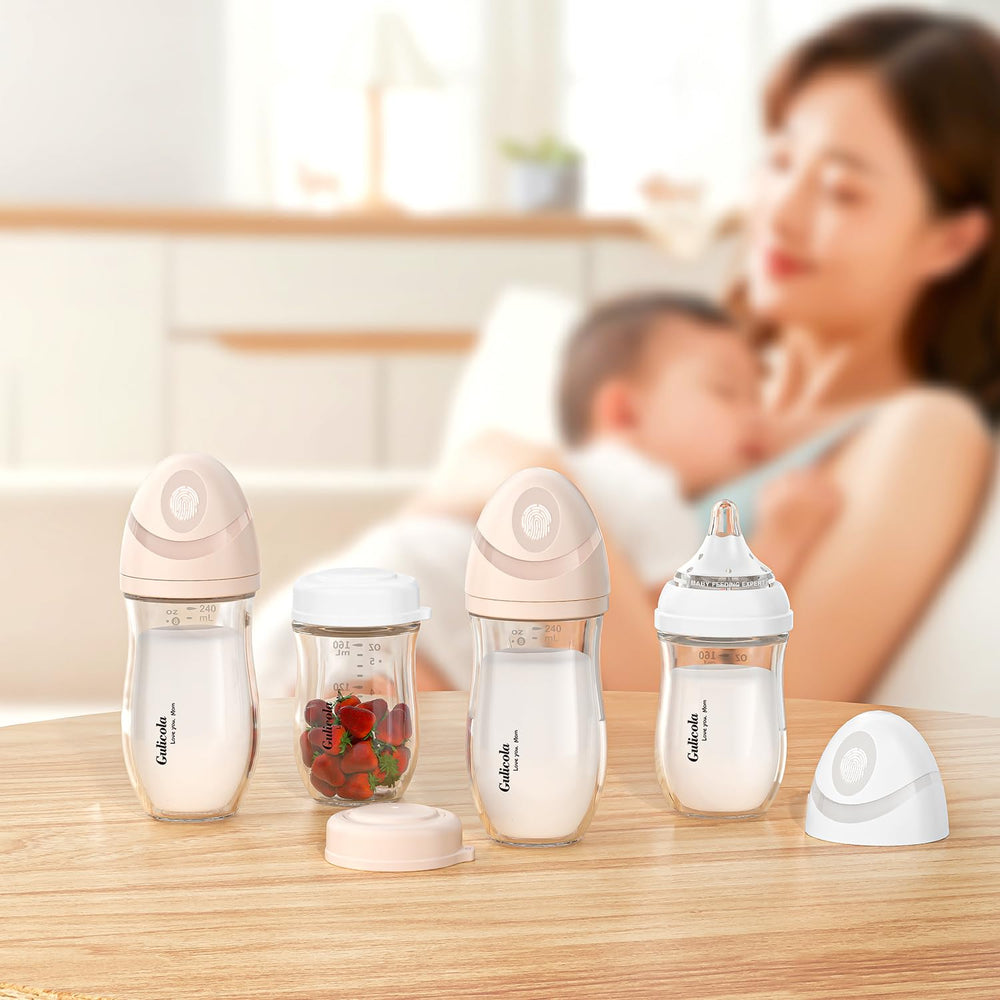 Gulicola bottle with nipple-guide design to aid proper latch during feeding.