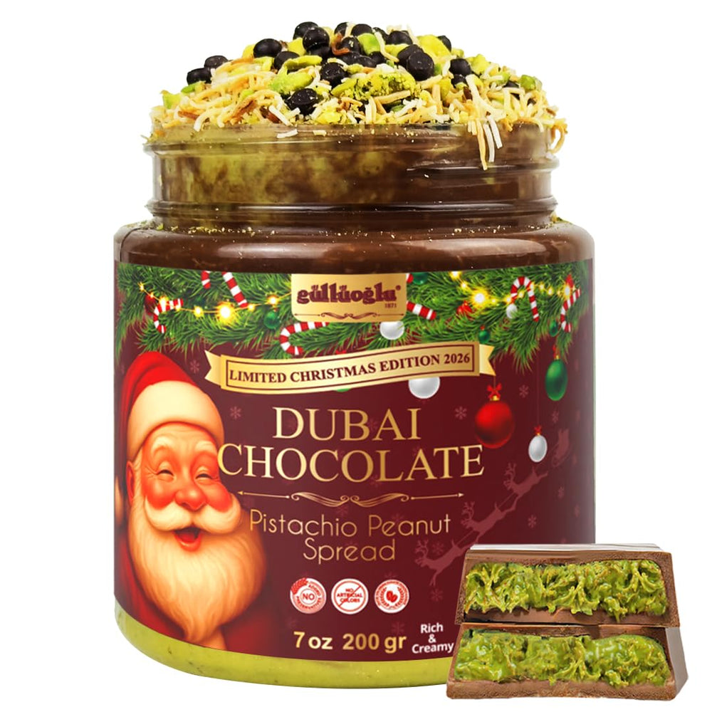 Gulluoglu Dubai chocolate pistachio peanut spread in a festive holiday jar for gifting