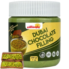 Güllüoğlu Dubai pistachio filling jar highlights premium ingredients for upscale desserts.