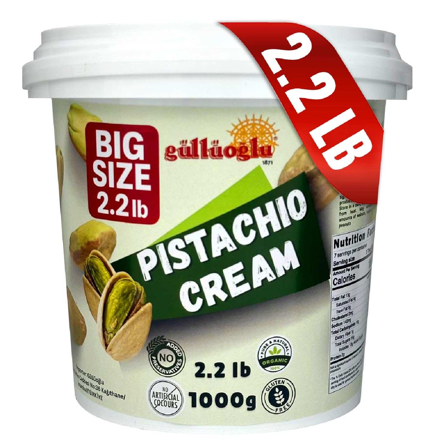 Gulluoglu Pistachio Cream 1kg jar cap close-up, premium texture great for desserts.