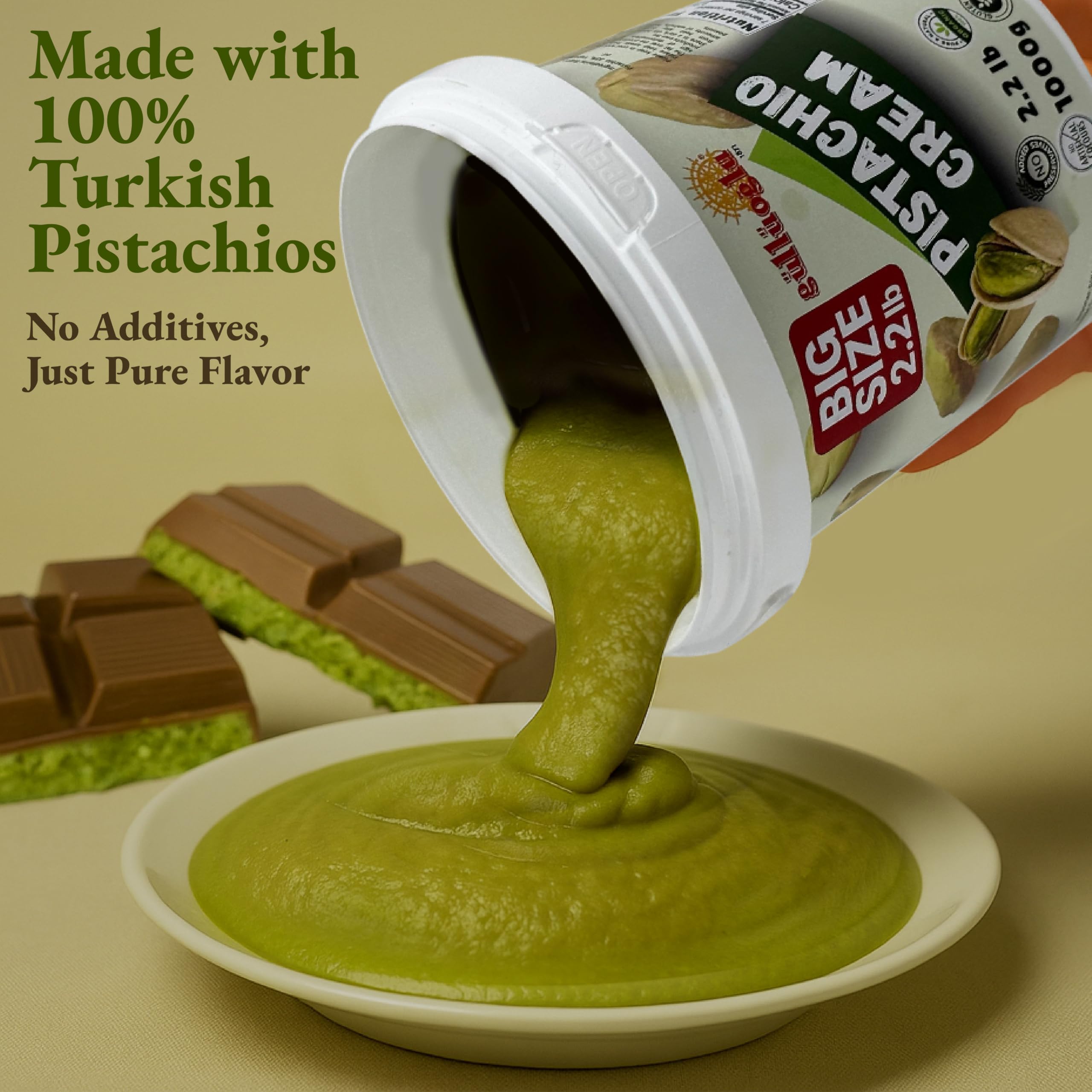 Gulluoglu Pistachio Cream matches Dubai chocolate bars for premium desserts.
