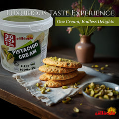 Gulluoglu Pistachio Cream beside Dubai chocolate bars, pairing idea for indulgent desserts.