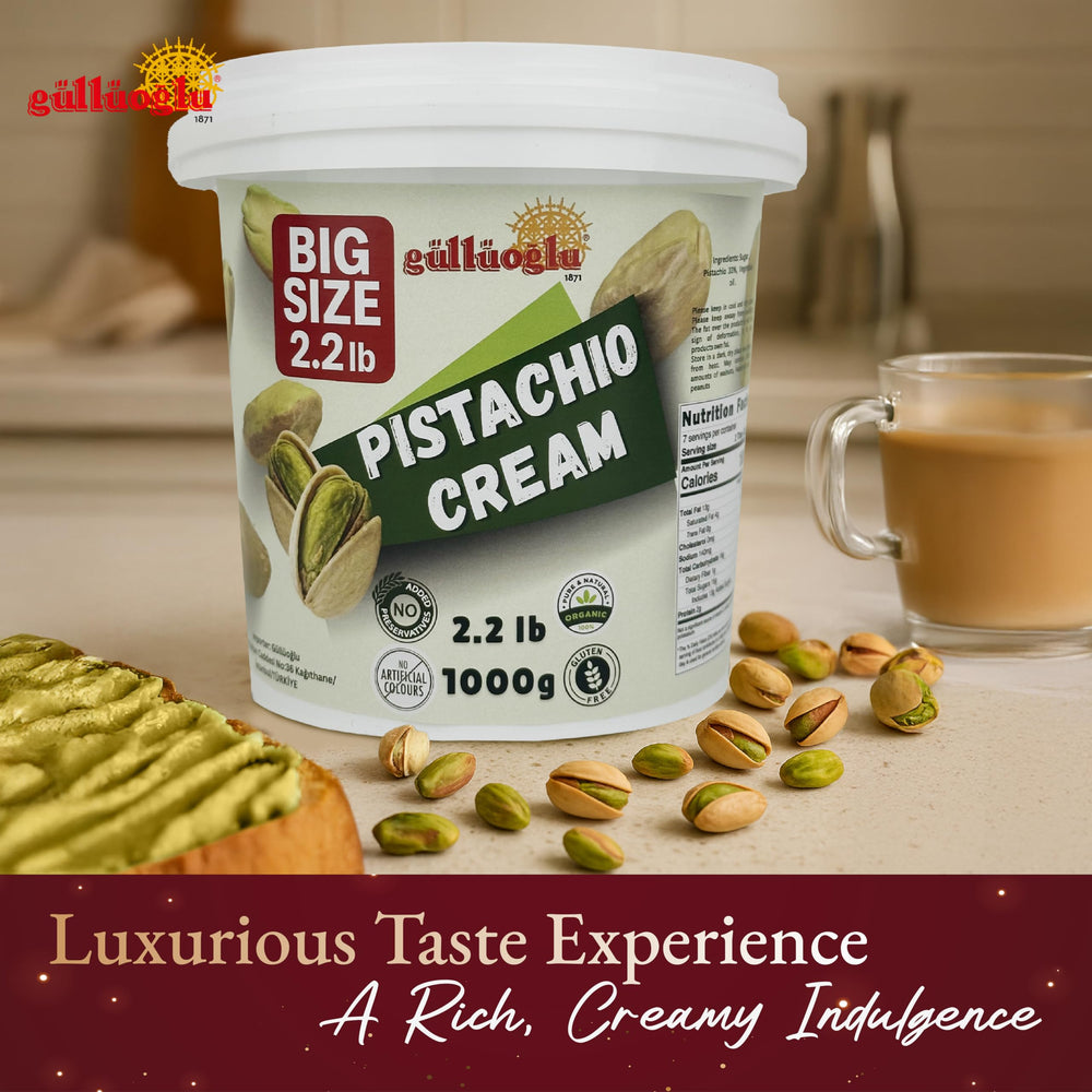 Gulluoglu pistachio cream with kadayif for modern desserts.
