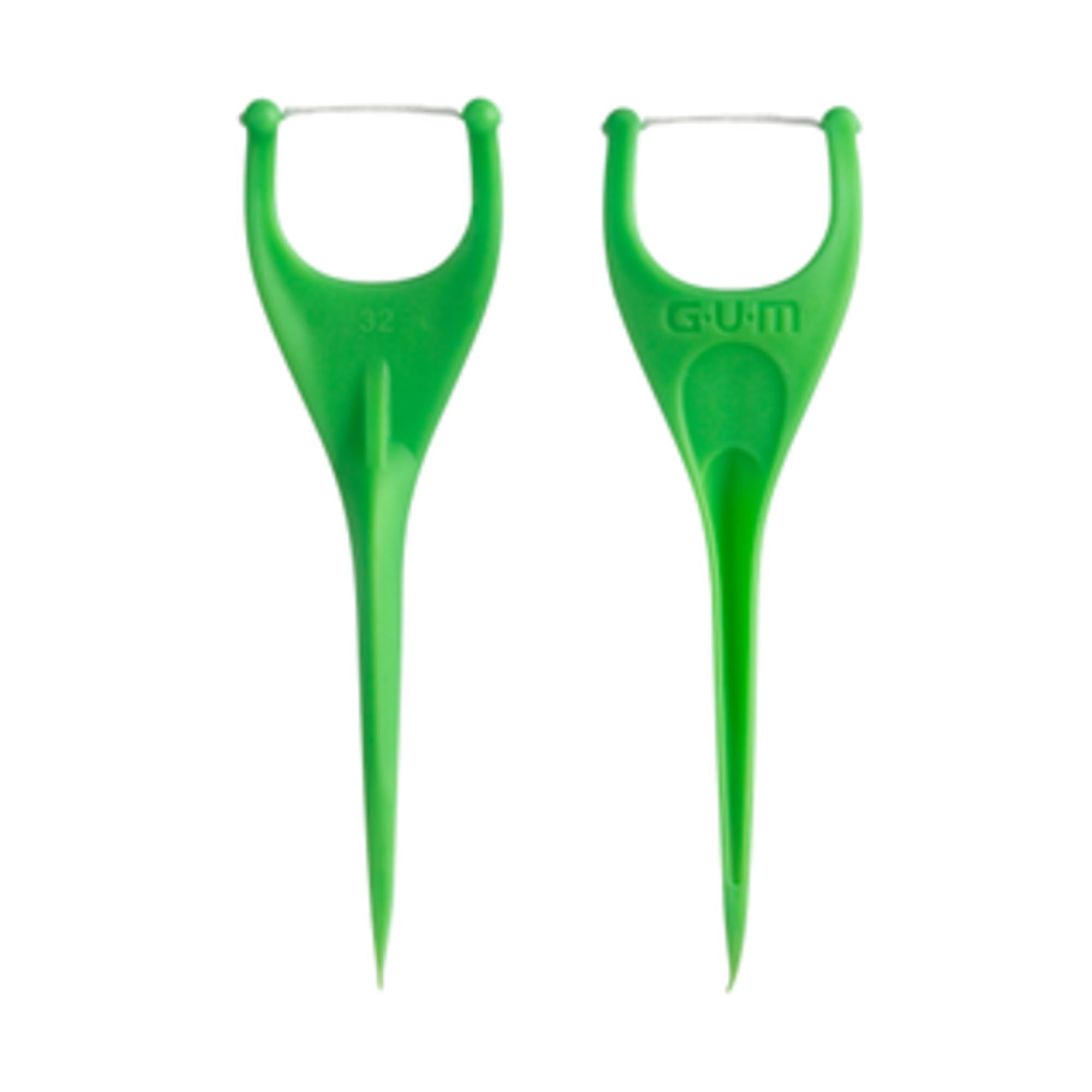 GUM Angled Floss Picks back teeth access demonstration with Y-shaped neck.
