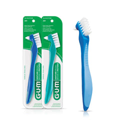 GUM Denture Brush dual-head with flat bristles for broad surfaces.