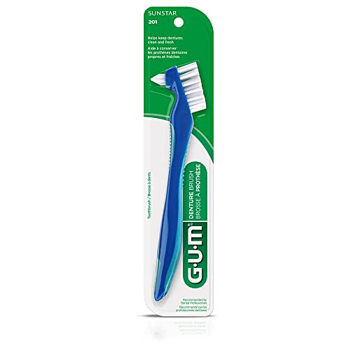 GUM Denture Brush dual-head with tufted bristles for tight spaces.