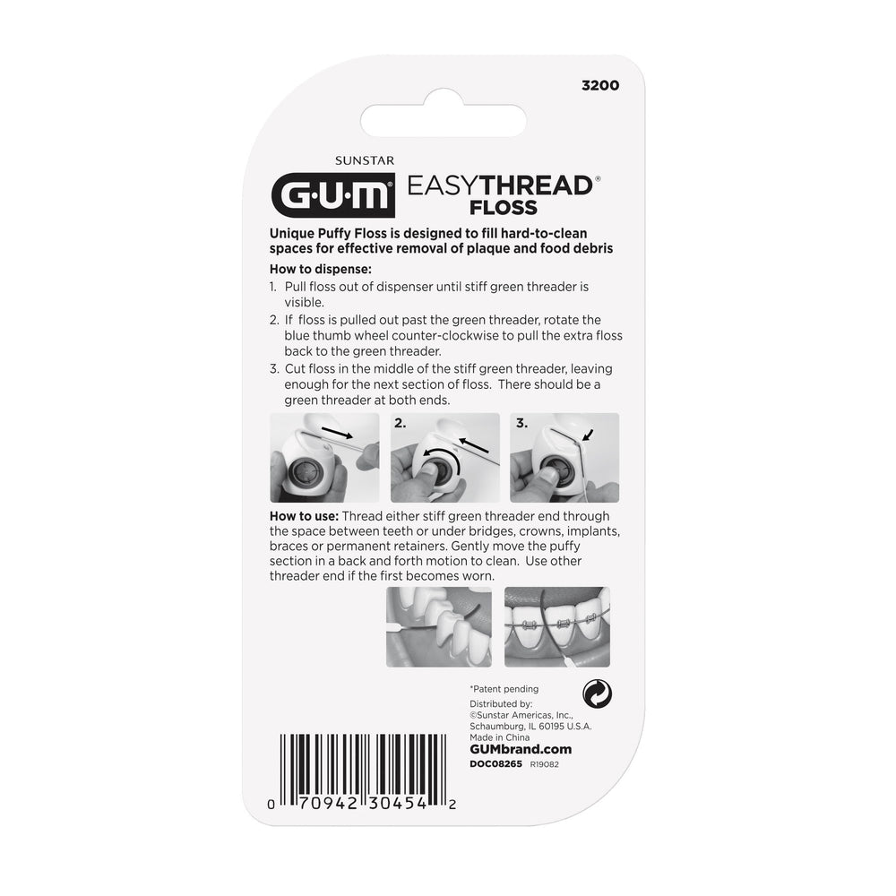 GUM EasyThread floss recommended by dentists for braces and fixed appliances.