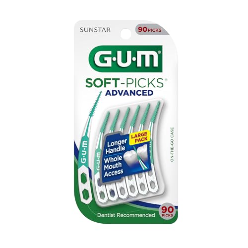 GUM Soft-Picks Advanced bristles close-up removing plaque gently.