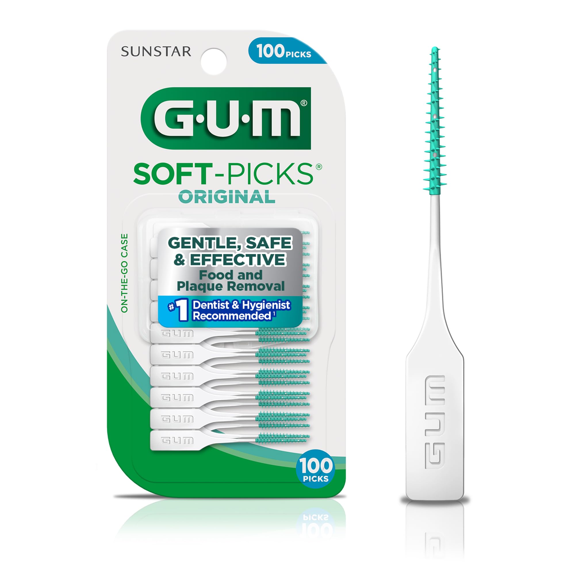 GUM Soft Picks Original between teeth with soft bristles for plaque removal.