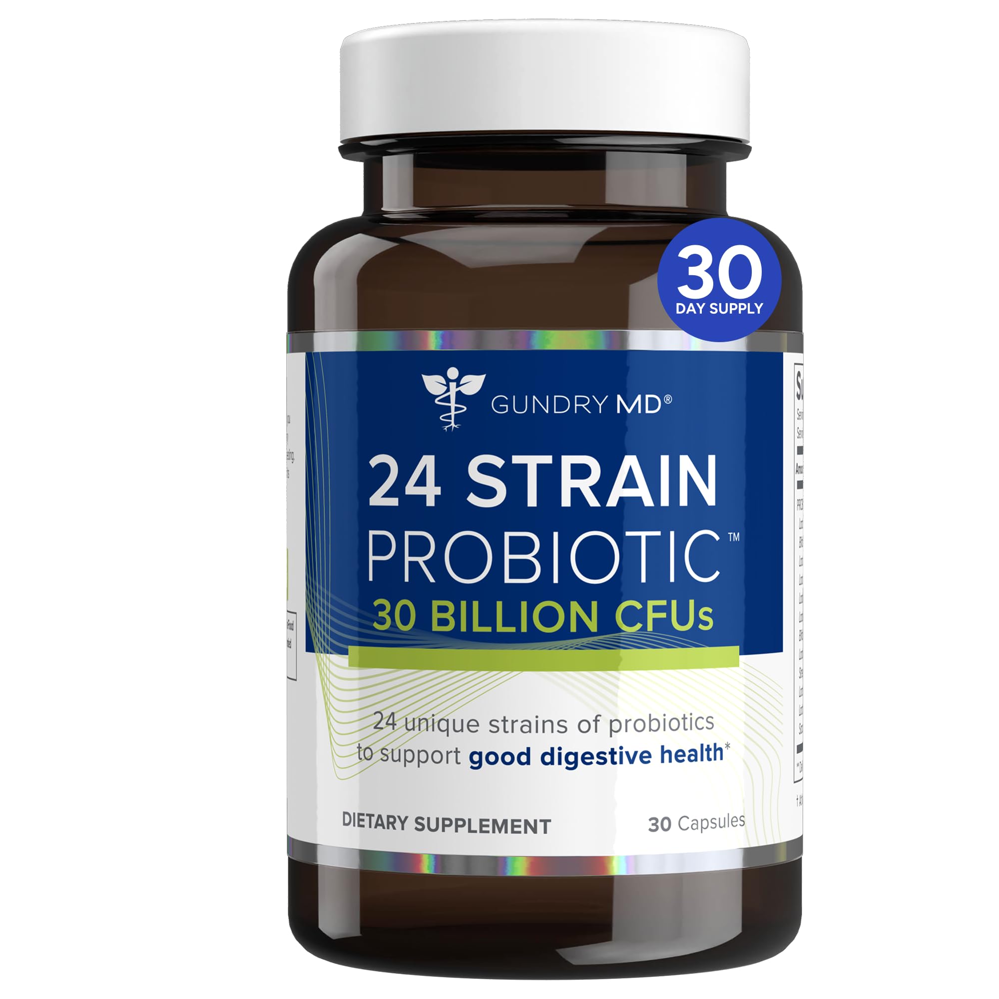 Gundry MD 24 Strain probiotic bottle on a kitchen counter for daily gut balance
