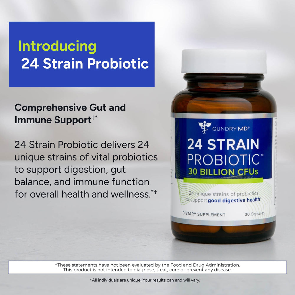 Close up of Gundry MD 24 Strain capsules for daily gut support