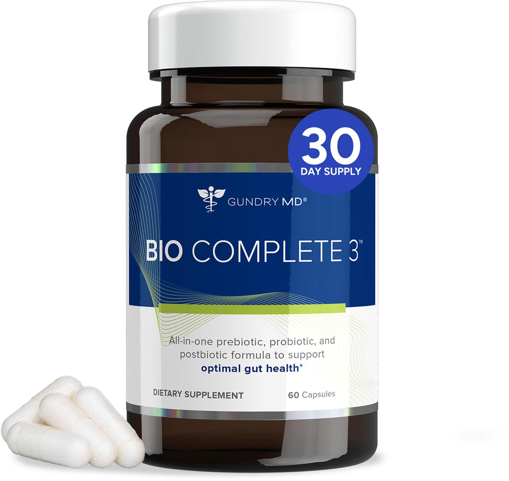 Gundry MD Bio Complete 3 bottle-front showing the 3-in-1 probiotic blend for gut support