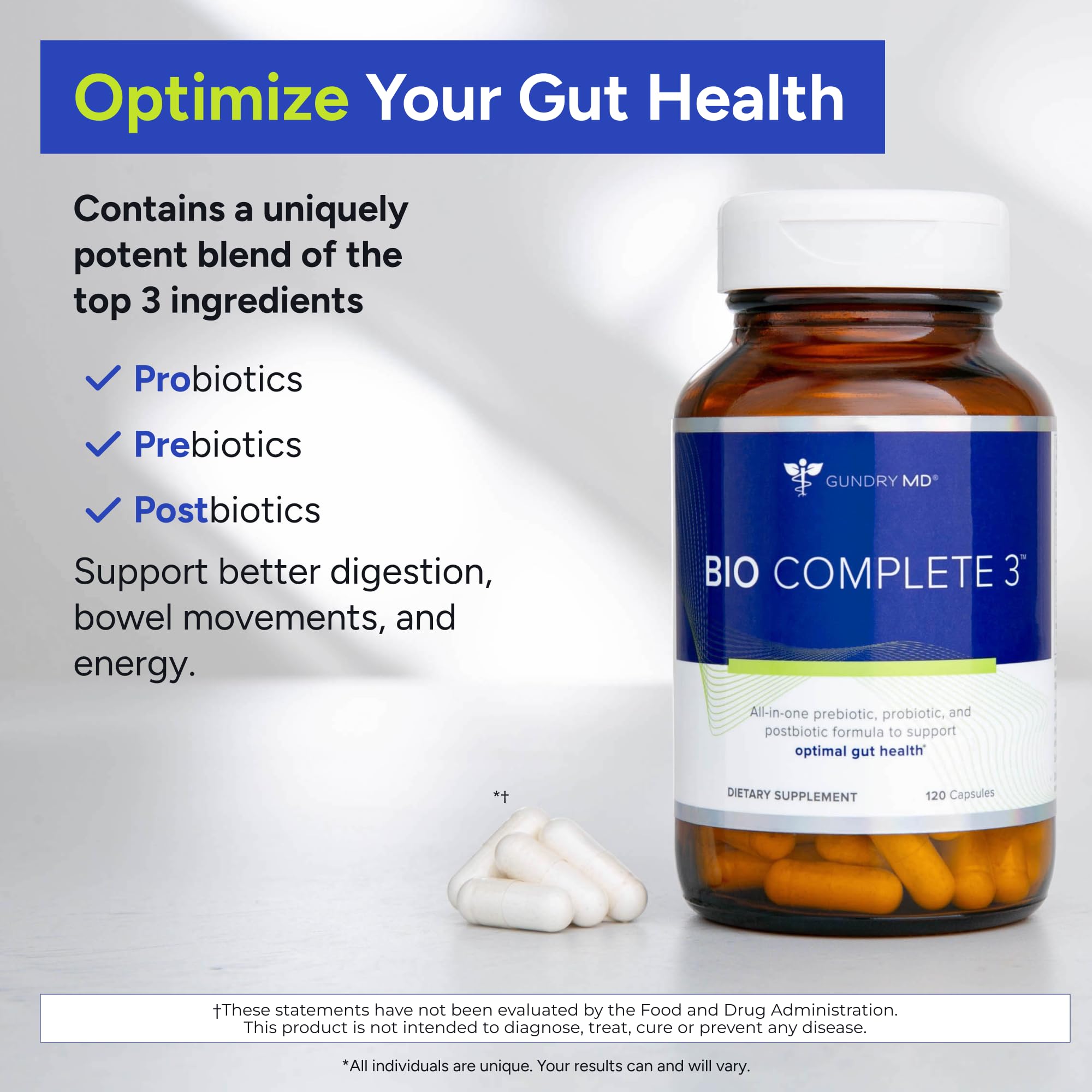 Gundry MD Bio Complete 3 capsules-closeup highlighting easy daily dosing