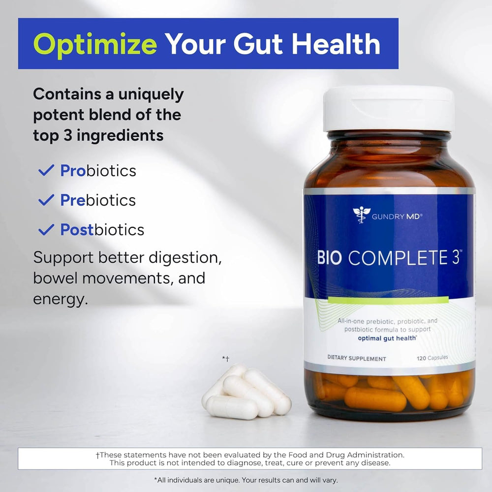 Gundry MD Bio Complete 3 front label showcases 3-in-1 formula for gut health