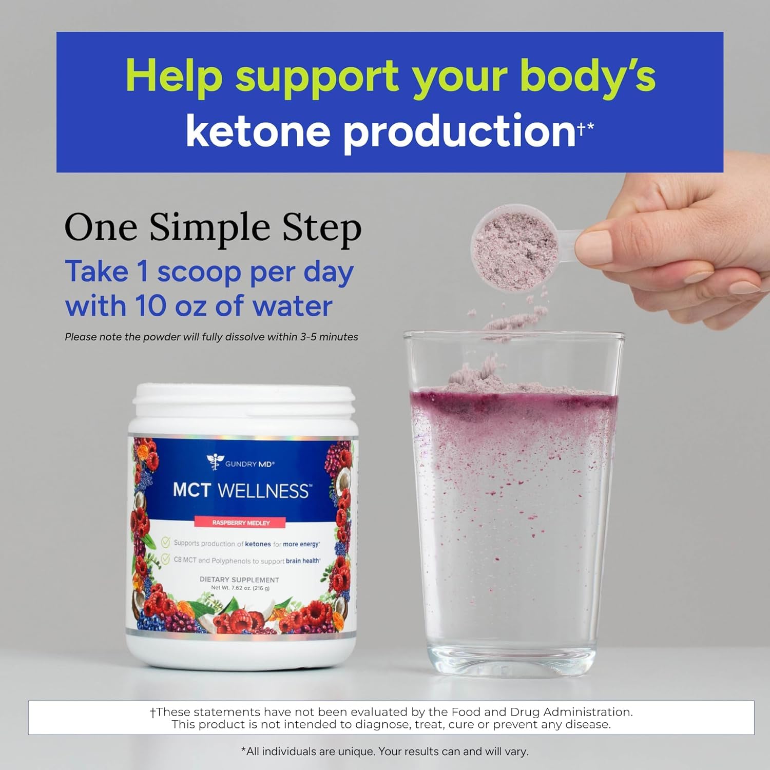 Gundry MD MCT Wellness Powder pouring into glass for hydration.