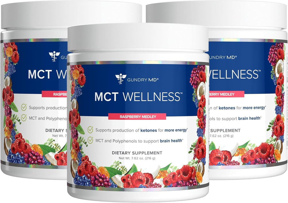 Gundry MD MCT Wellness Powder tub with raspberry medley for energy support.