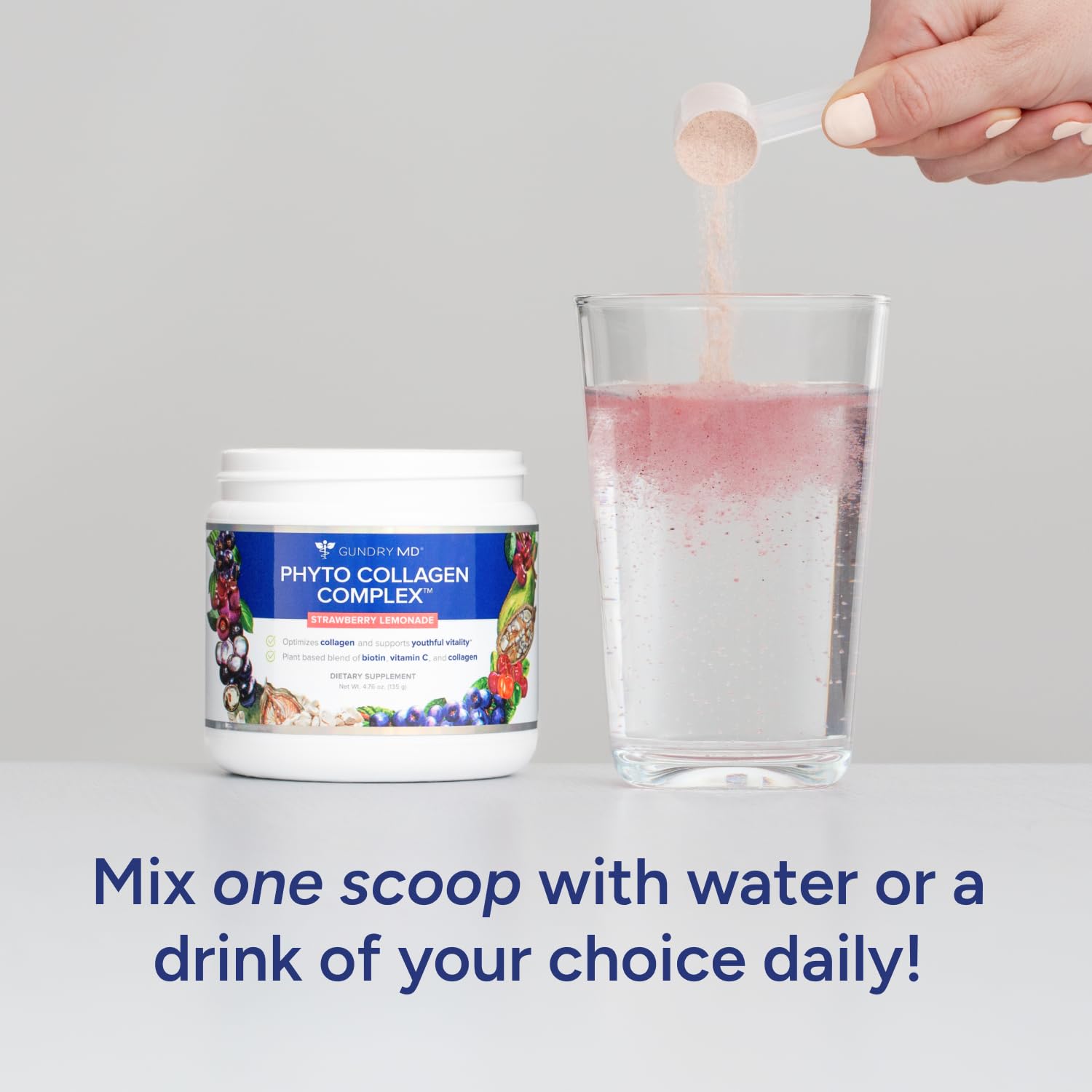 Gundry MD Phyto Collagen Complex strawberry lemonade closeup highlights color and ingredients.