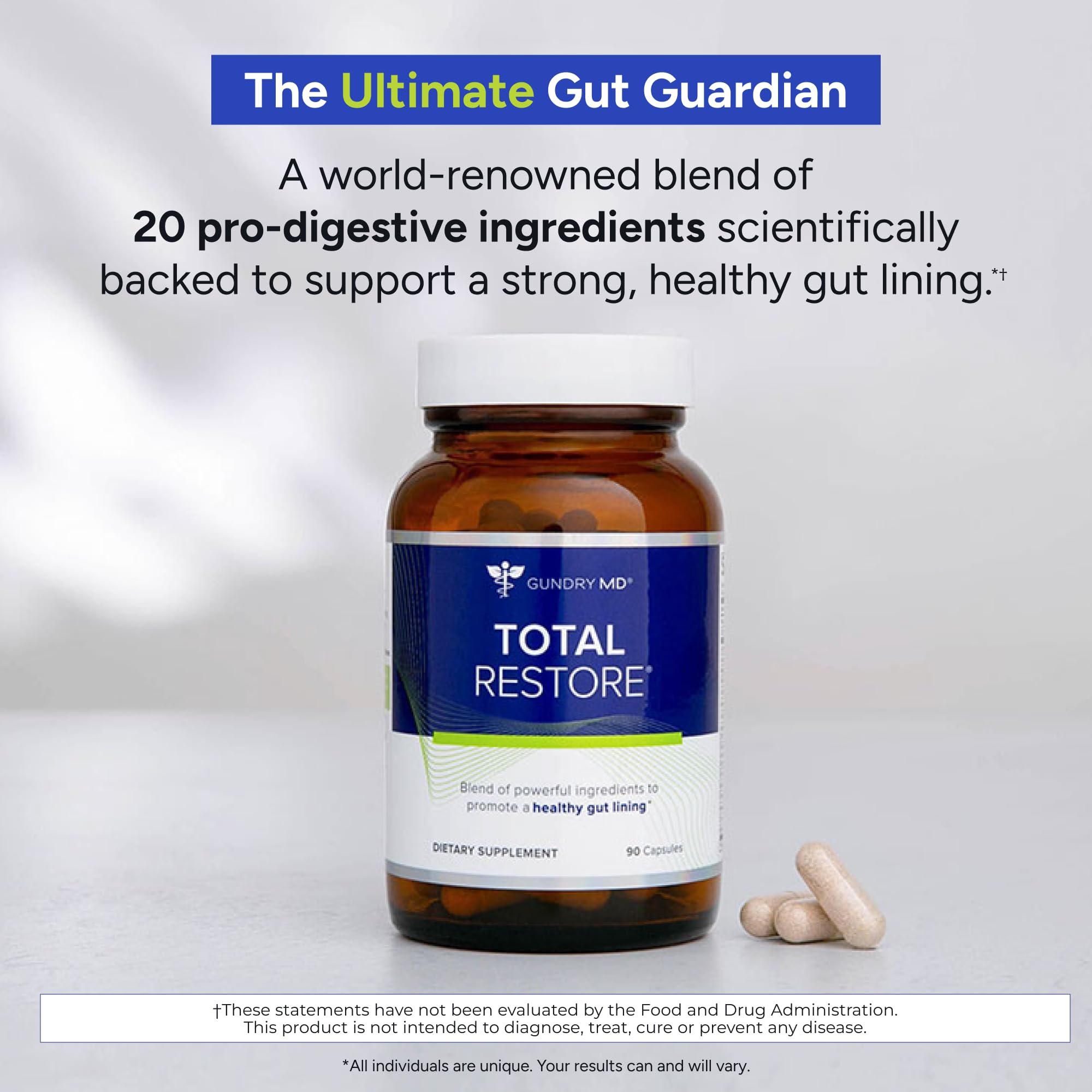 Gundry MD Total Restore capsules closeup highlights easy-to-take digestive support