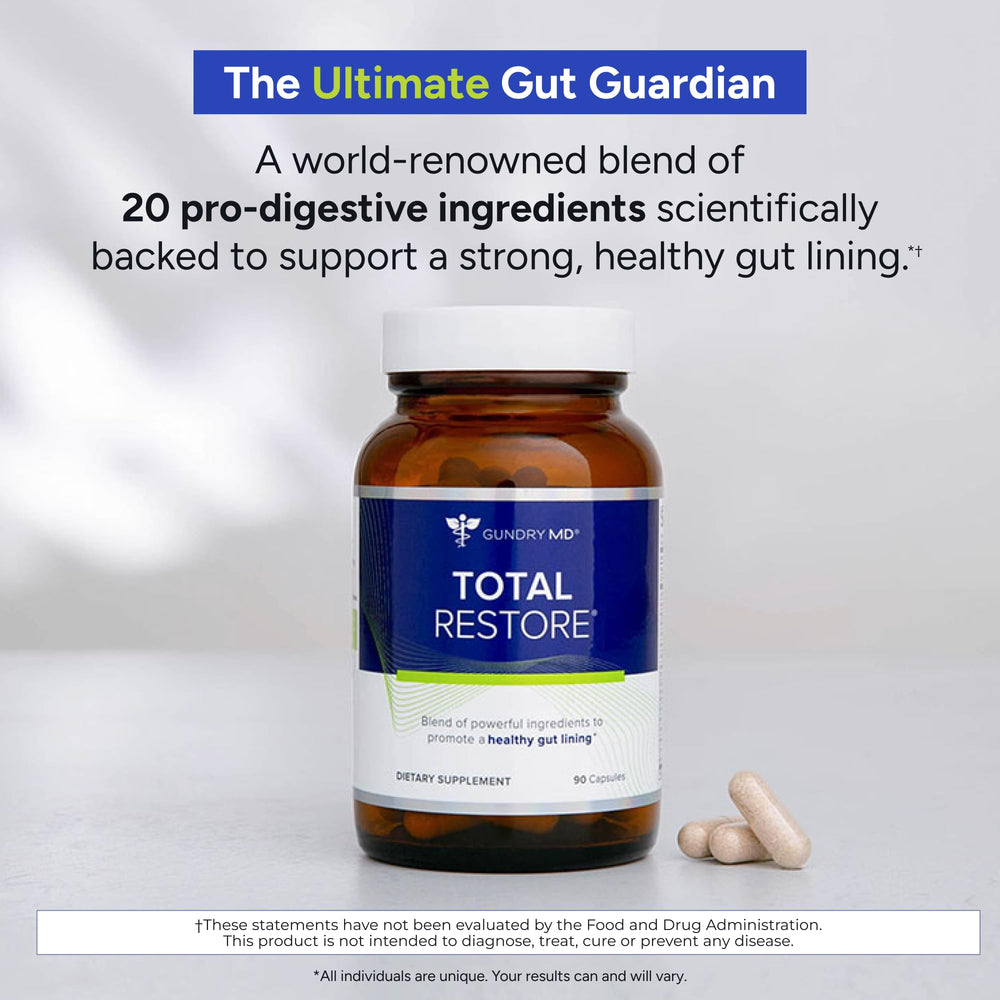 Gundry MD Total Restore capsules closeup highlights easy-to-take digestive support