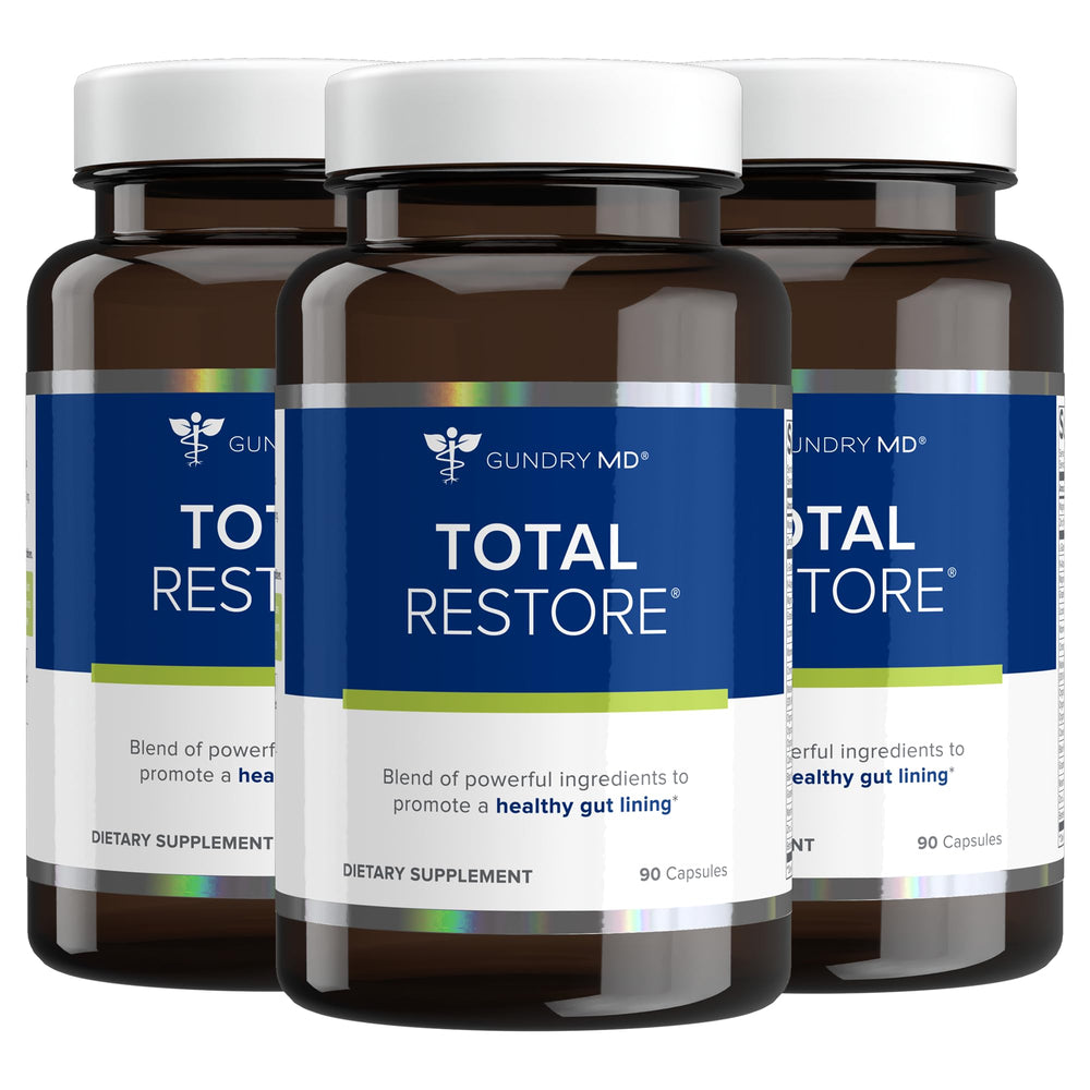Gundry MD Total Restore bottle with capsules promoting gut health.