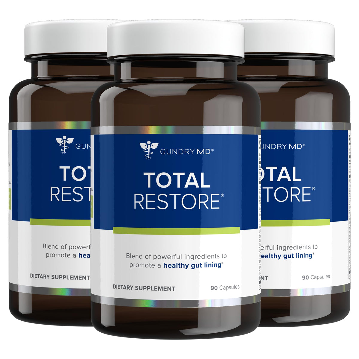 Gundry MD Total Restore bottle with capsules promoting gut health.