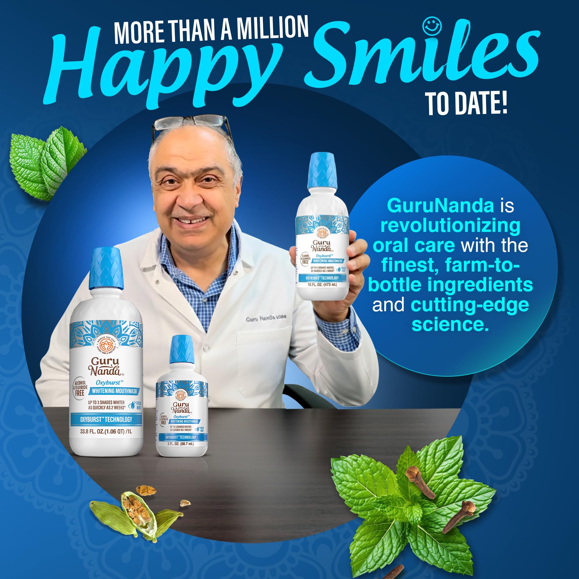 GuruNanda bottle highlights seven essential oils and vitamins used