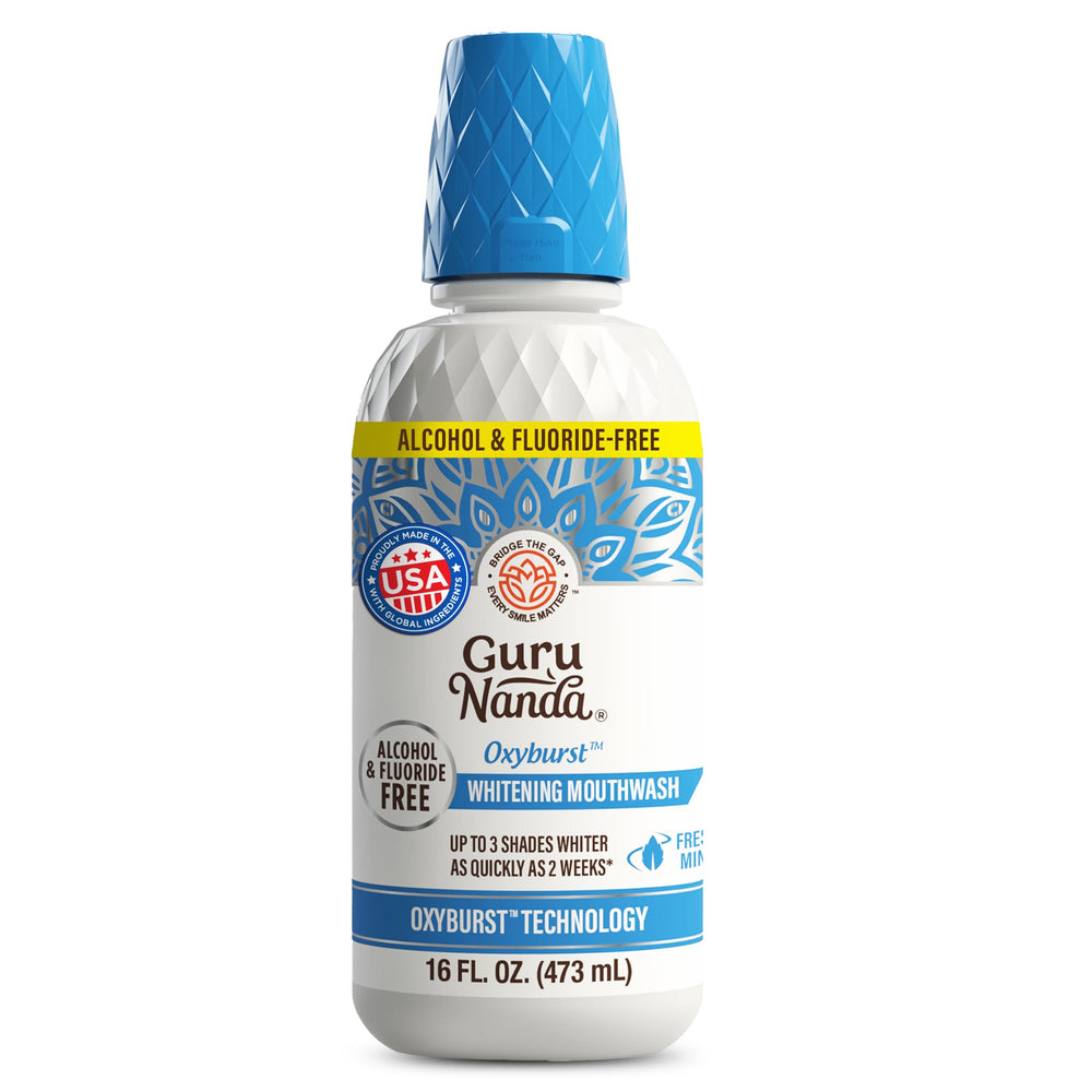 GuruNanda Whitening Mouthwash bottle showing Oxyburst action for brighter smile