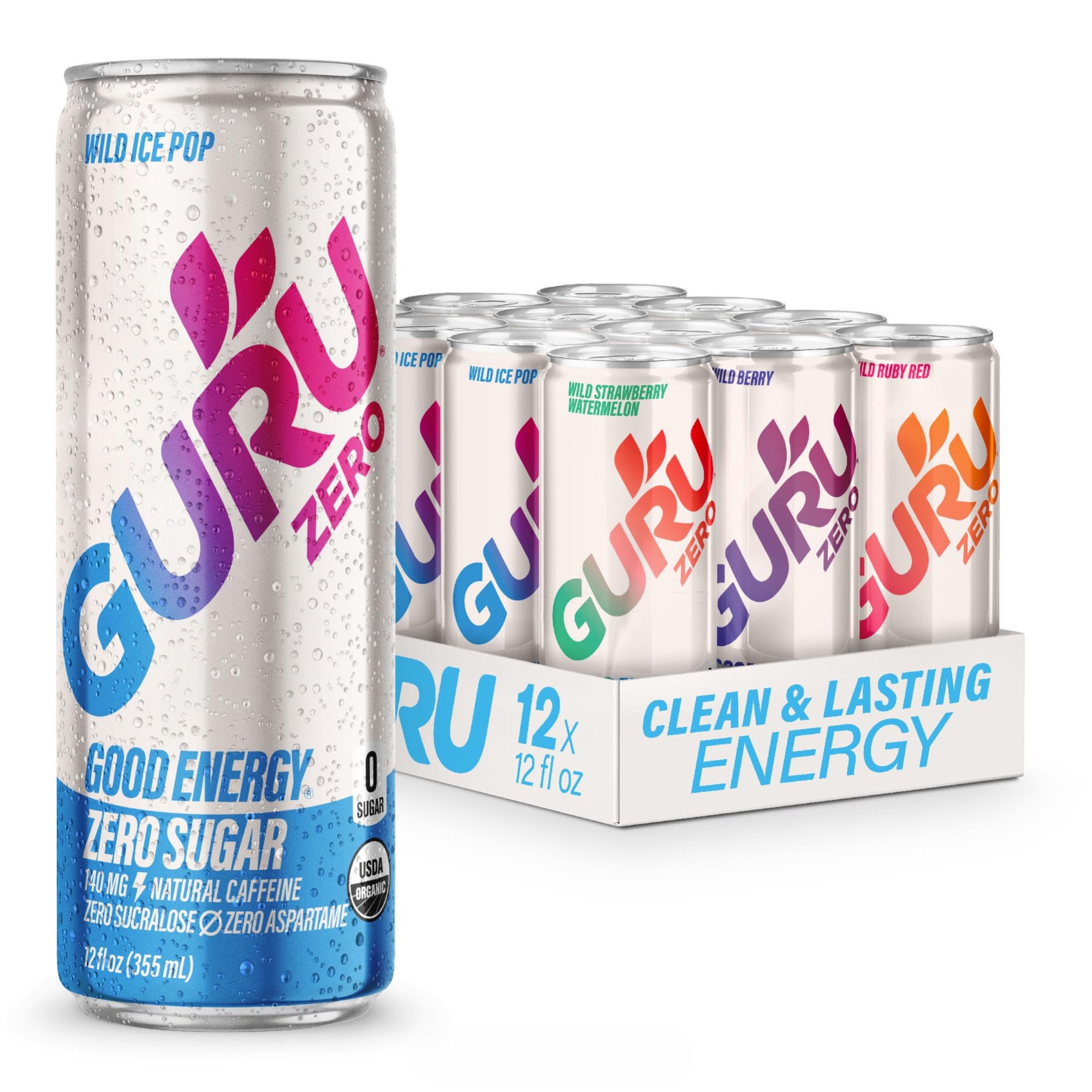 GURU Zero Sugar Wild Berry can delivers clean, plant-based energy for workouts