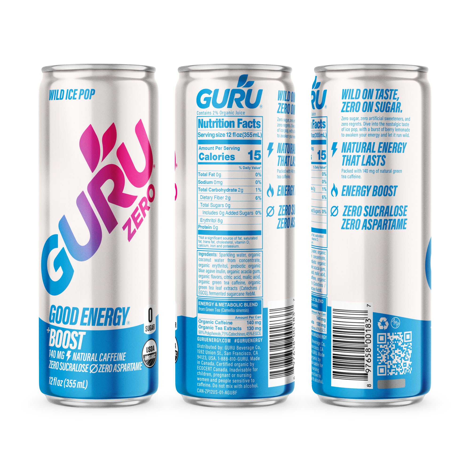 GURU Zero Sugar Ice Pop hero shot frames flavor variety appeal