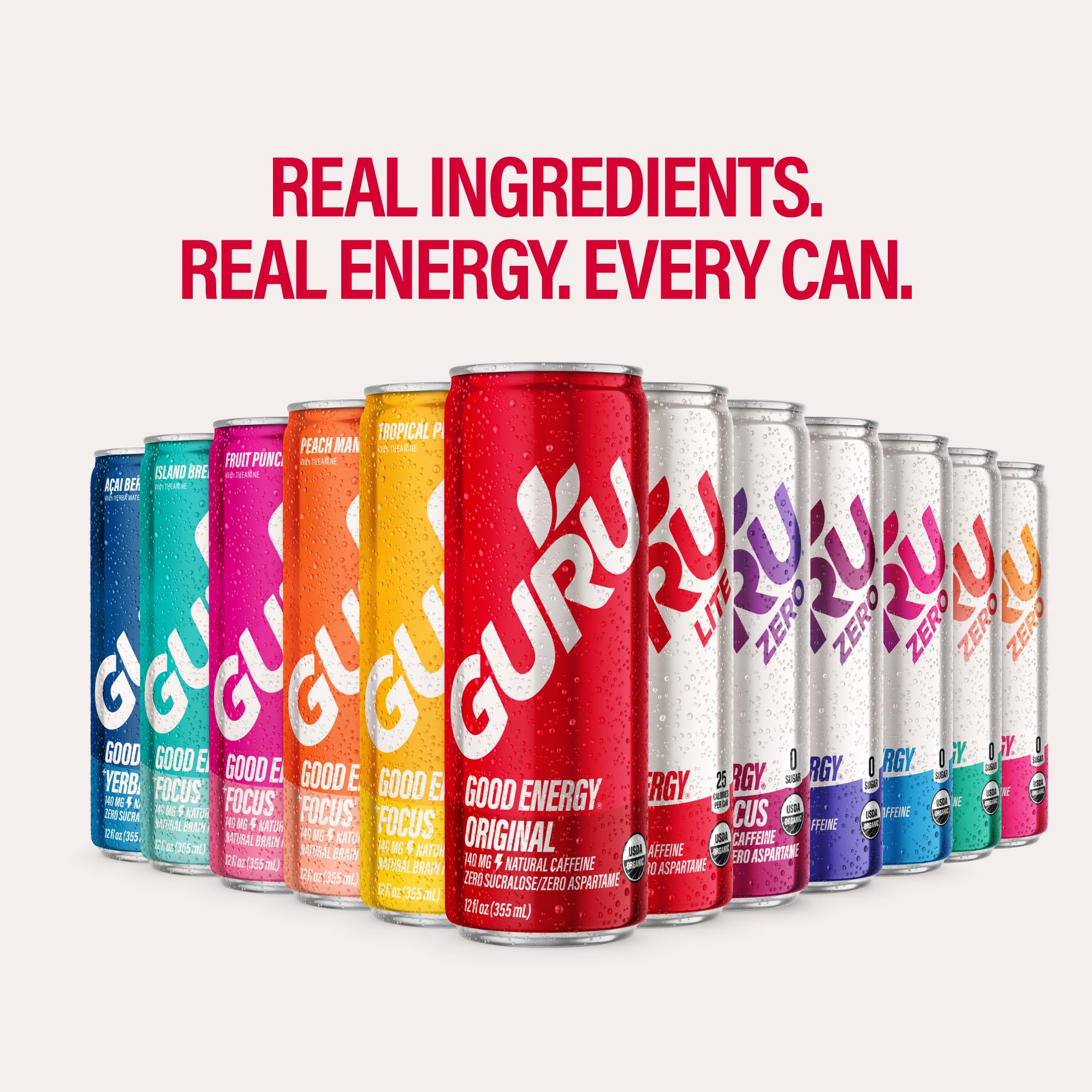 GURU Zero Sugar label closeup highlights organic and vegan certifications