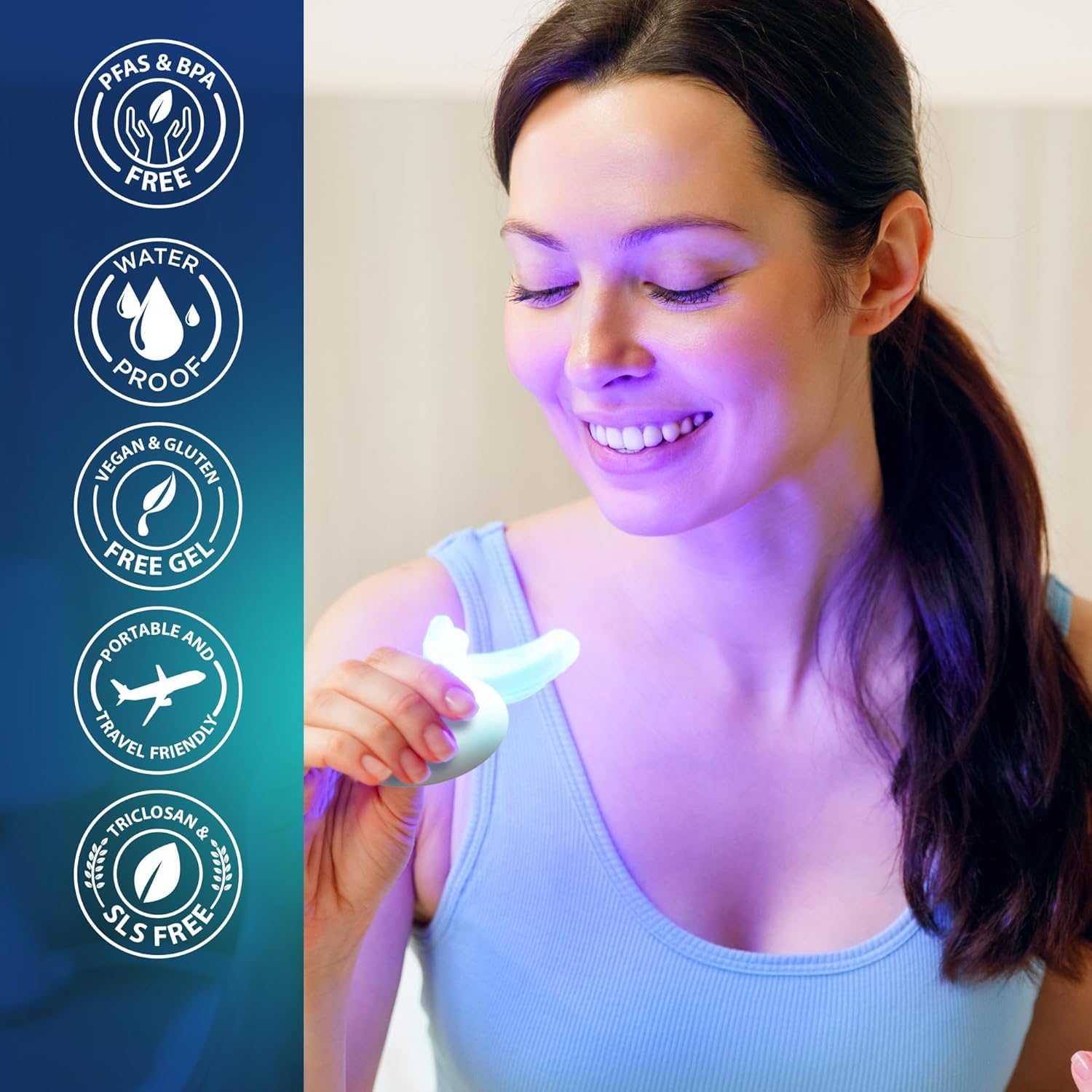 GuruNanda 15-minute auto shut-off timer ensures efficient whitening sessions.