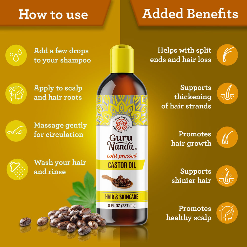 GuruNanda Castor Oil for eyebrows and lashes growth support.
