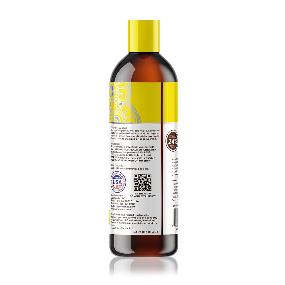 GuruNanda Castor Oil hexane-free formula for pure, additive-free care.