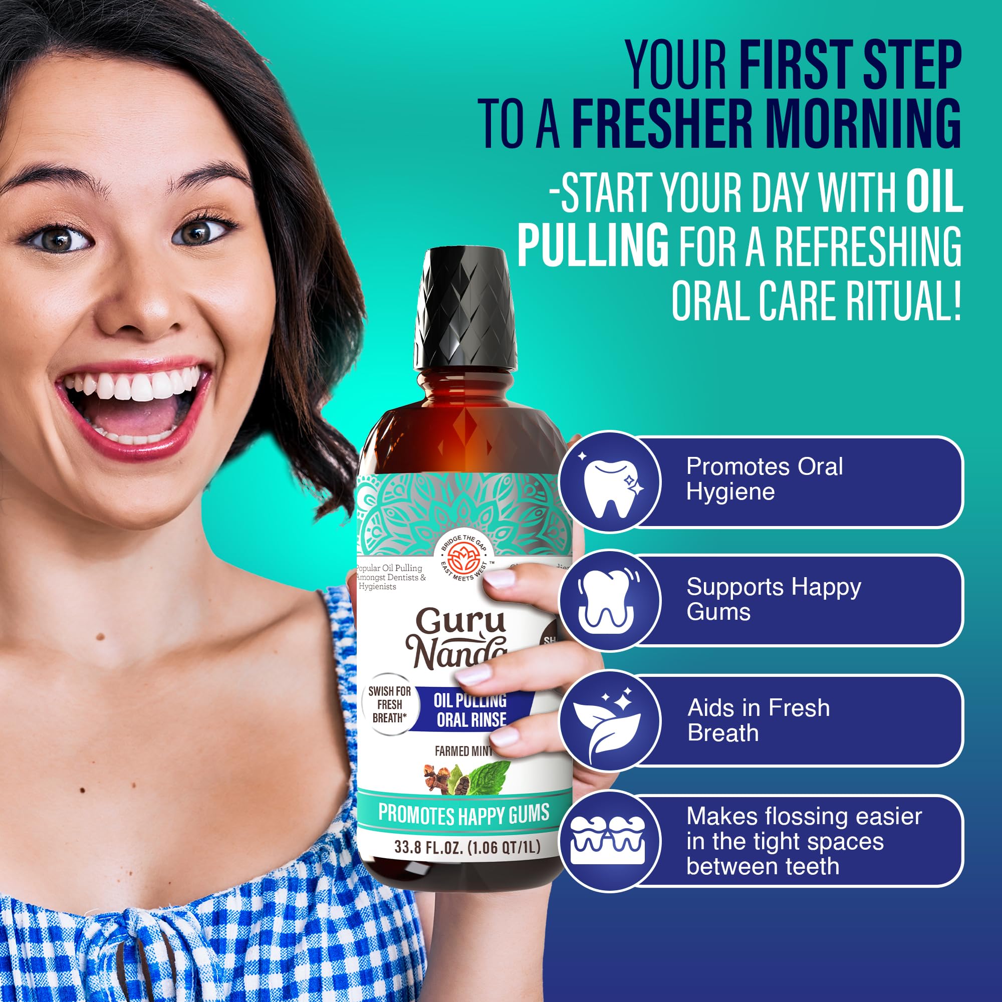GuruNanda CocoMint bottle highlights alcohol-free formulation for sensitive mouths.