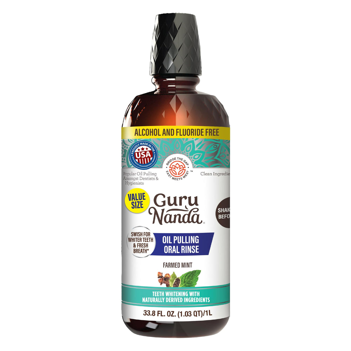 GuruNanda CocoMint oil pulling bottle with measuring cup for precise daily use.